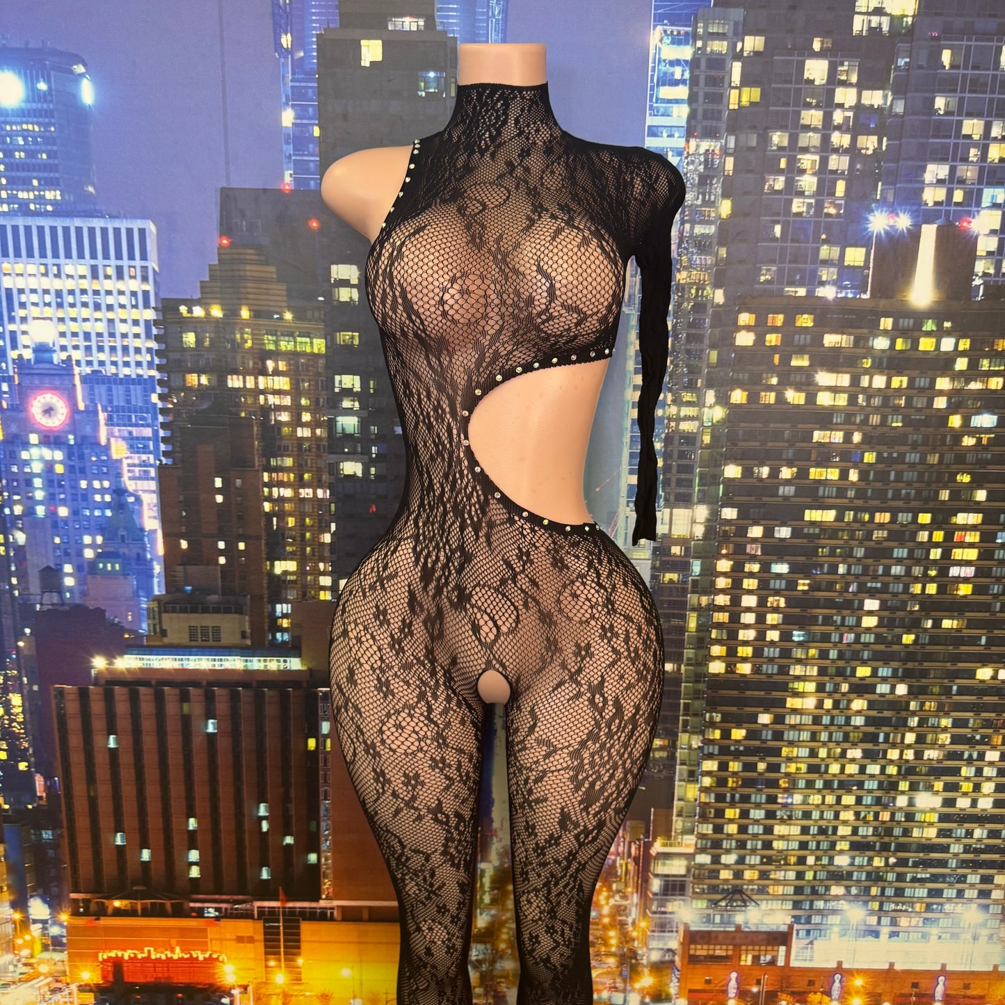 Black Fishnet Romper w/stones