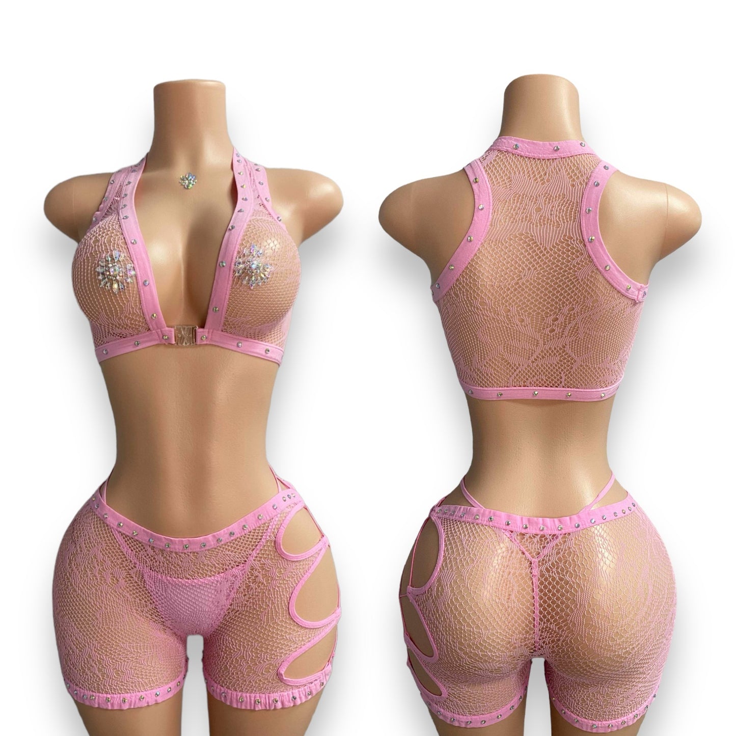 Pink Mesh Diamond Short Set-PRE ORDER