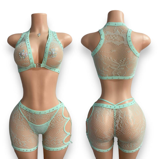 Mint Mesh Diamond Short Set-PRE ORDER