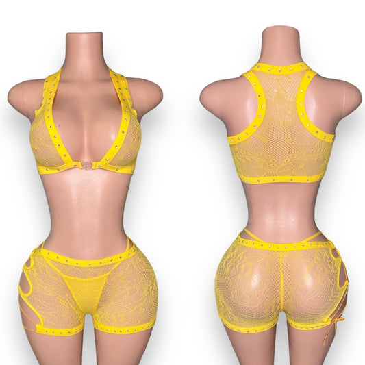 Yellow Mesh Diamond Short Set-PRE ORDER