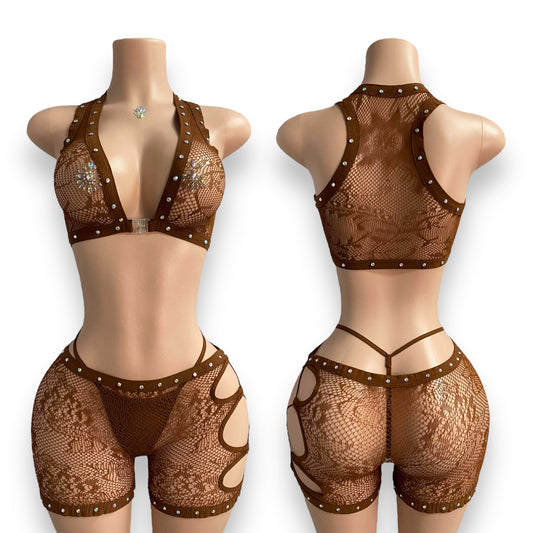 Brown Mesh Diamond Short Set-PRE ORDER