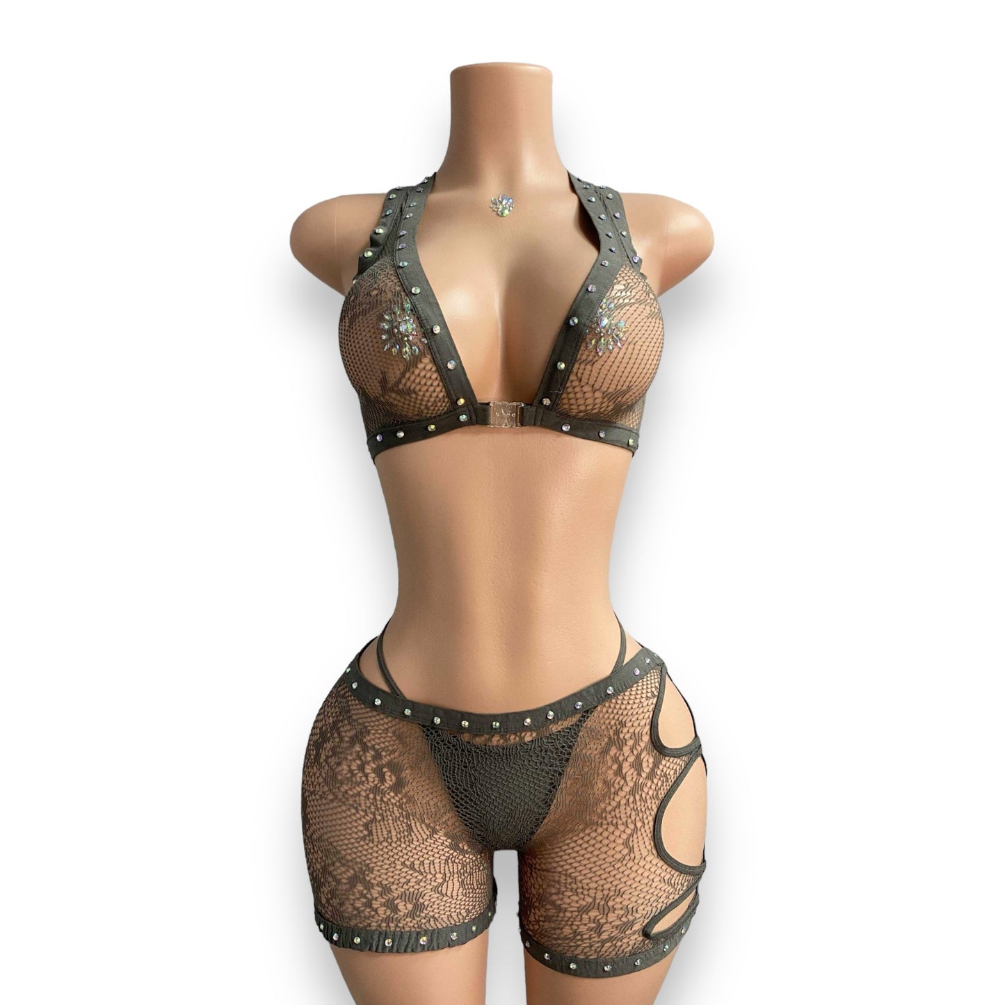 Grey Mesh Diamond Short Set-PRE ORDER