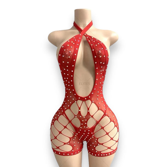 Red Mesh Diamond Romper-PRE ORDER