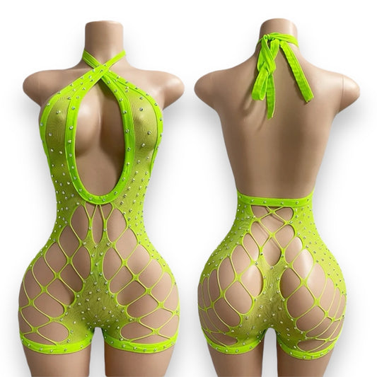 Lime Green Mesh Diamond Romper